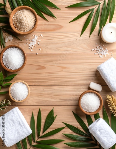 Relaxing spa items arrangement on a wooden table with bath salts and natural elements