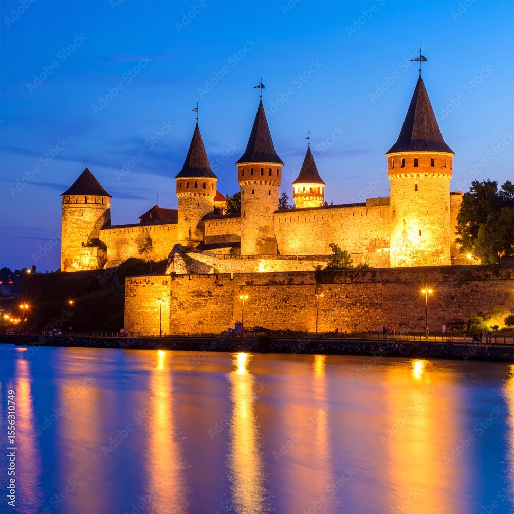 Fototapeta premium Enchanting evening view of a castle by the riverfront highlighting its dramatic architecture