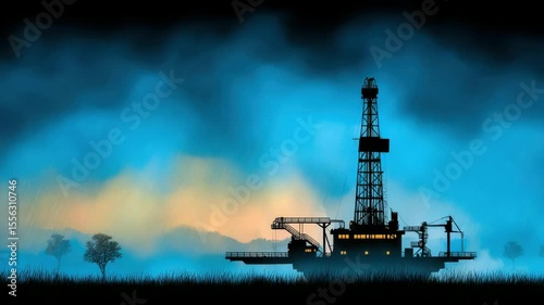 Oil exploration stocks rig silhouette at dusk with glowing windows and blue sky showing energy investment and trading concept