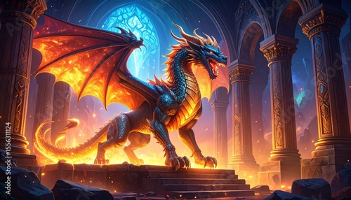 Enigmatic dragon roaming the hallways of a forgotten temple in a fantasy world