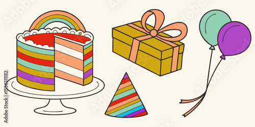 Colorful vector illustration of a surprise gift box with balloons and candies perfect for Christmas, birthday, or any happy holiday celebration
