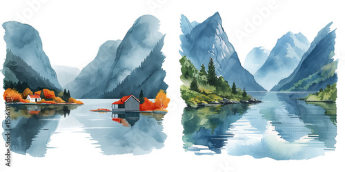 norway fjord lanscape watercolor vector illustration