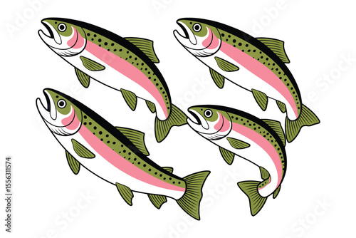 Hand-drawn vector illustration set of rainbow trout in various dynamic poses, perfect for fishing graphics, outdoor-themed artwork, t-shirt prints, apparel and sticker designs

