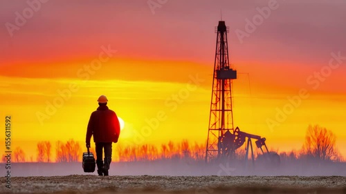 Oil exploration worker walks near drilling rig sunset with stocks rising, vibrant orange sky and calm atmosphere energy field