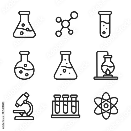 Simple chemistry icon set with lab tools. Outline symbols. Line design
