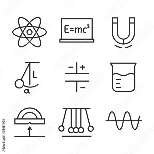 Simple physics icon set with scientific symbols. Outline symbols. Line design