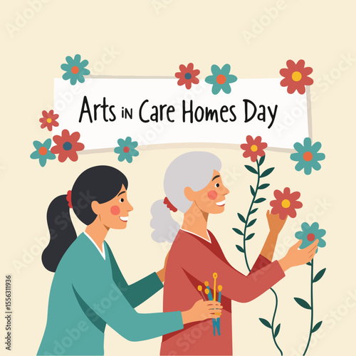 Creative vector design for National Day of Arts in Care Homes featuring abstract emotions, artistic hands, cognitive stimulation, and diverse art styles showing joy, care, and healing through art