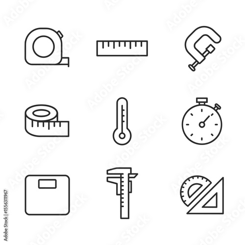 Measurement icon set with rulers and scales. Outline symbols. Line design