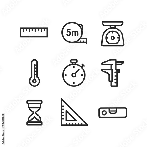 Simple measurement tools icon set. Outline symbols. Line design