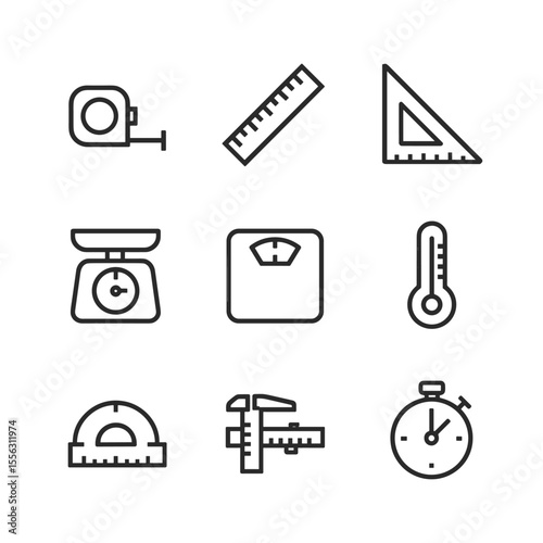Measurement instruments icon set. Outline symbols. Line design