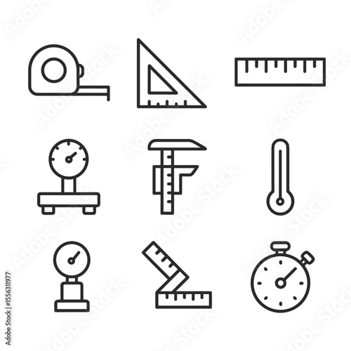 Simple measuring tools and equipment icons. Outline symbols. Line design