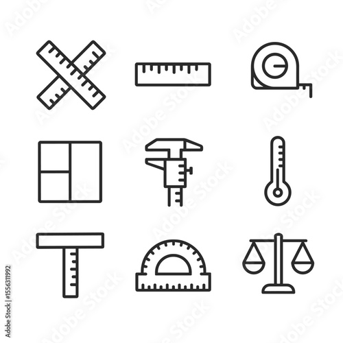 Measurement and dimension icon set. Outline symbols. Line design