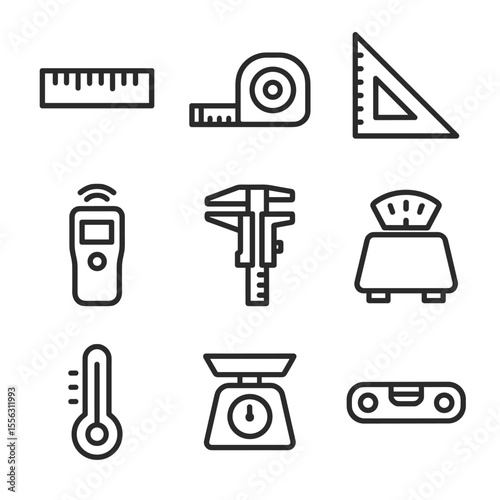 Simple measurement devices icon collection. Outline symbols. Line design