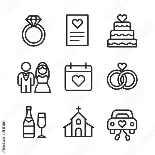 Wedding celebration simple icons set. Outline symbols. Line design