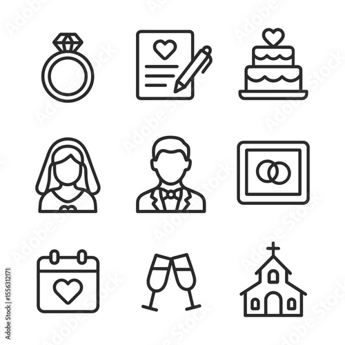 Wedding ceremony simple icons pack. Outline symbols. Line design