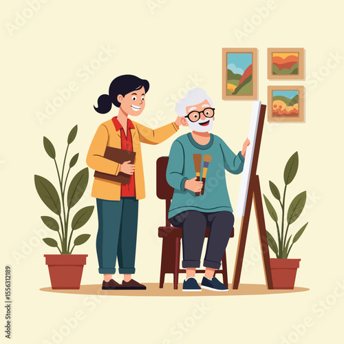 Vector illustration for National Day of Arts in Care Homes with abstract art, elderly creativity, healing symbols, artistic therapy, and intergenerational connection in flat design