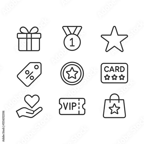 Loyalty program icons simple outline vector design set. Outline symbols. Line design