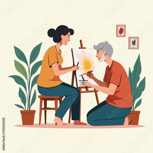 Creative vector design for National Day of Arts in Care Homes featuring abstract emotions, artistic hands, cognitive stimulation, and diverse art styles showing joy, care, and healing through art