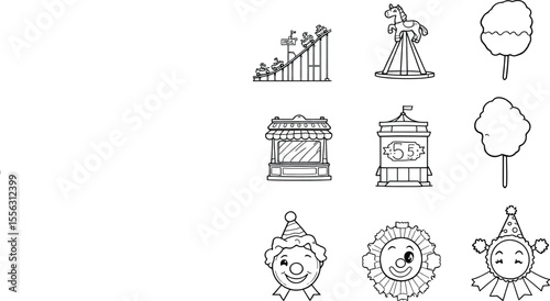 .: Black-and-White Vector Illustration of Carnival & Amusement Park Icons – Whimsical Set Featuring Rides, Stalls, and Clowns