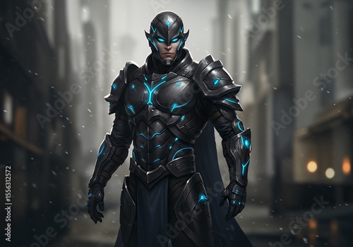 Futuristic Knight: Dark Armor Glowing Blue Accents Urban Setting.