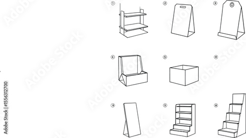 .Black-and-White Vector Illustration of Eight Product Display and Packaging Concepts – Stylized Retail and Merchandising Prototypes