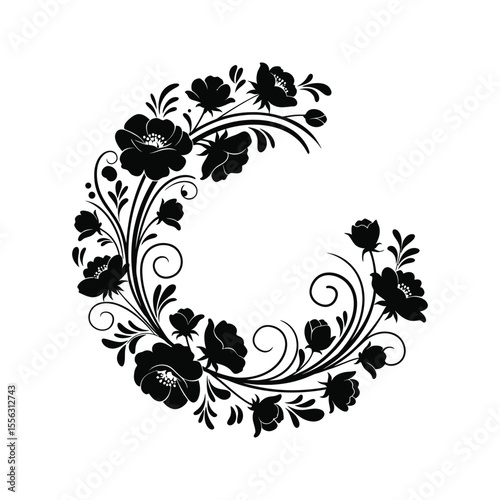 Black and White Floral Wreath Silhouettes of Flowers Elegant Design for Invitations