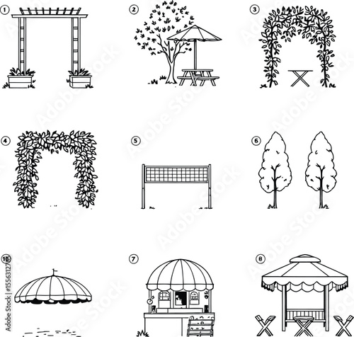 .Black-and-White Vector Illustration of Garden Lounge & Picnic Elements – Nine Outdoor Icons in a Stylized Grid