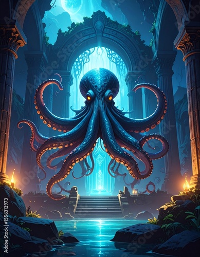 Enigmatic kraken residing in ancient ruins of a sparkling fantasy world filled with wonder