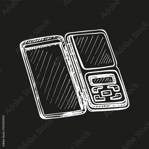 Small electronic scales for an accurate measurement, sketch illustration. Hand drawn vector clipart, outline drawing in engraving style, isolated