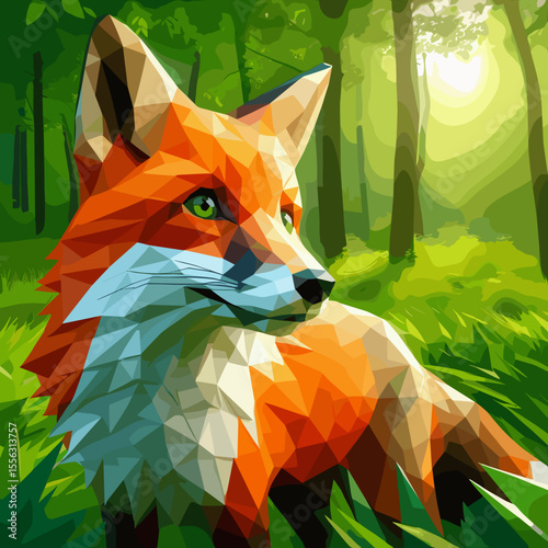 Stylized geometric fox portrait in a lush forest setting
