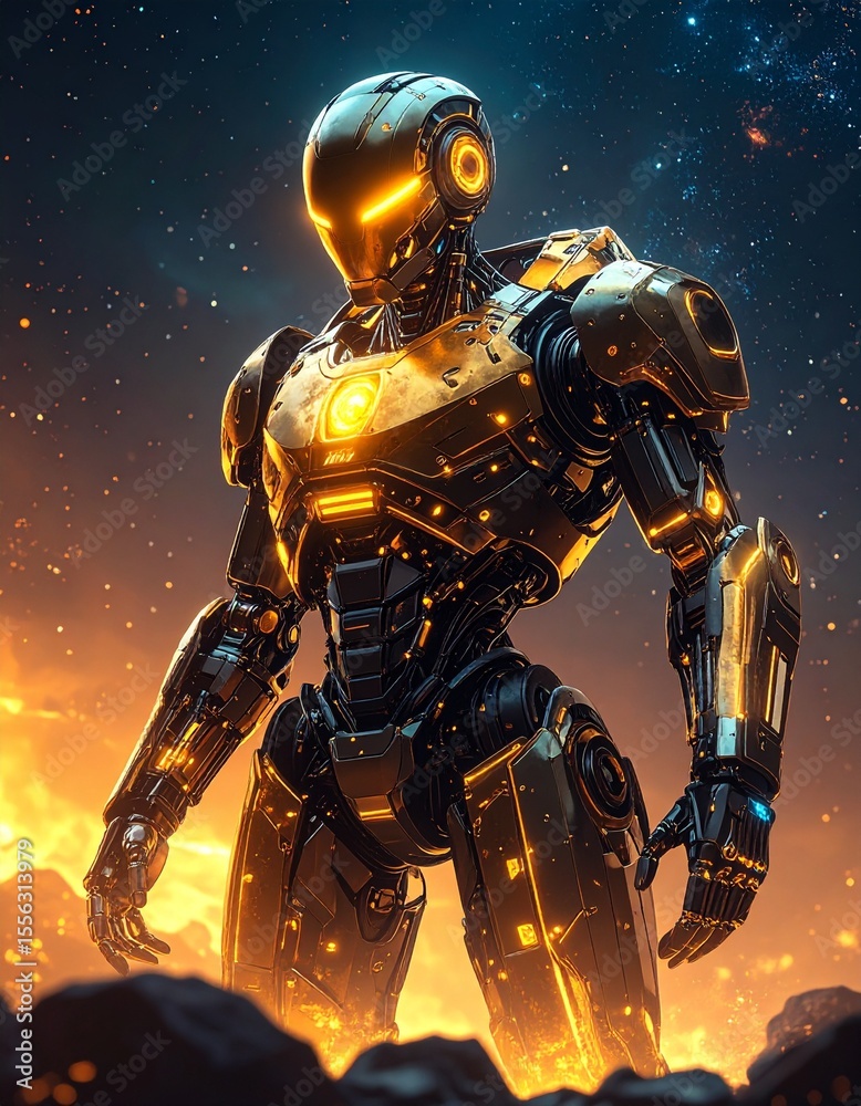 Fototapeta premium Robot with epic exoskeleton standing in desert with radiant gold glow and textures