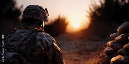 Silhouette of soldier in camo uniform during sunset in outdoor setting