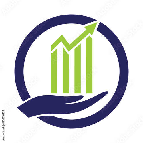 Hand holding green upward trending bars inside a blue circle vector