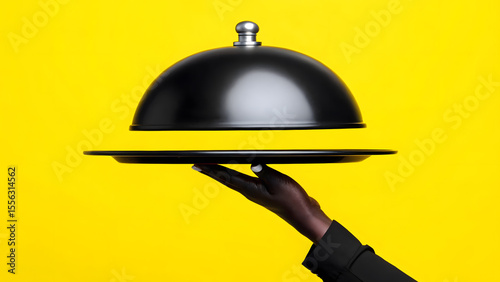 Black cloche and tray being held up by a dark-skinned hand on a bright yellow backdrop presents fine dining.