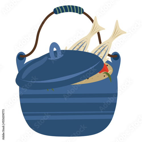 Hand drawn camping blue pot with handle , lid and fish in it vector illustrations, fish soup
