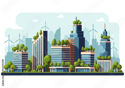 Colorful eco-city with greenery and wind turbines promoting sustainable urban living