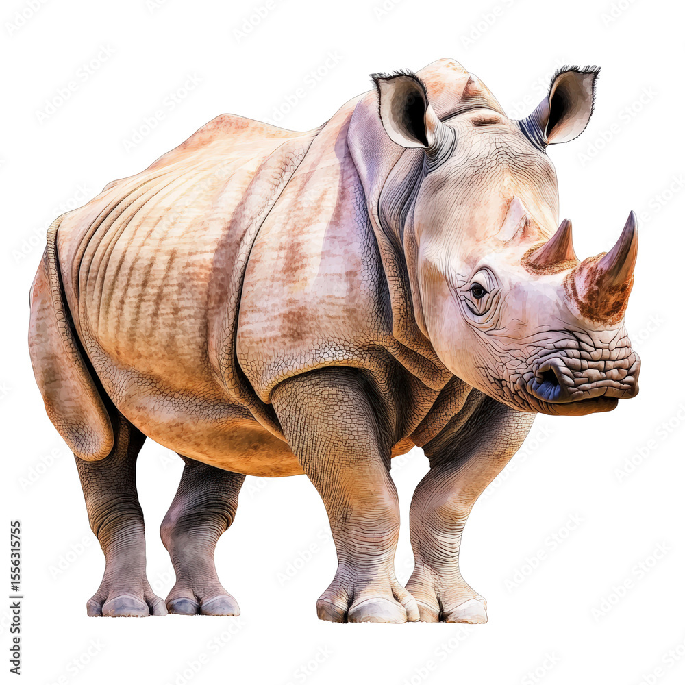 Obraz premium Large detailed realistic adult rhinoceros with prominent horn and textured thick skin standing isolated on white background