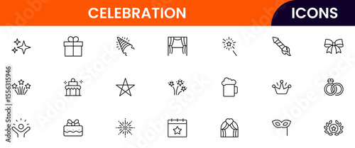 A festive Vector illustration web line icon collection for celebrations, featuring vibrant, minimalist designs perfect for event UI/UX, websites, and apps, ensuring high-quality visuals.