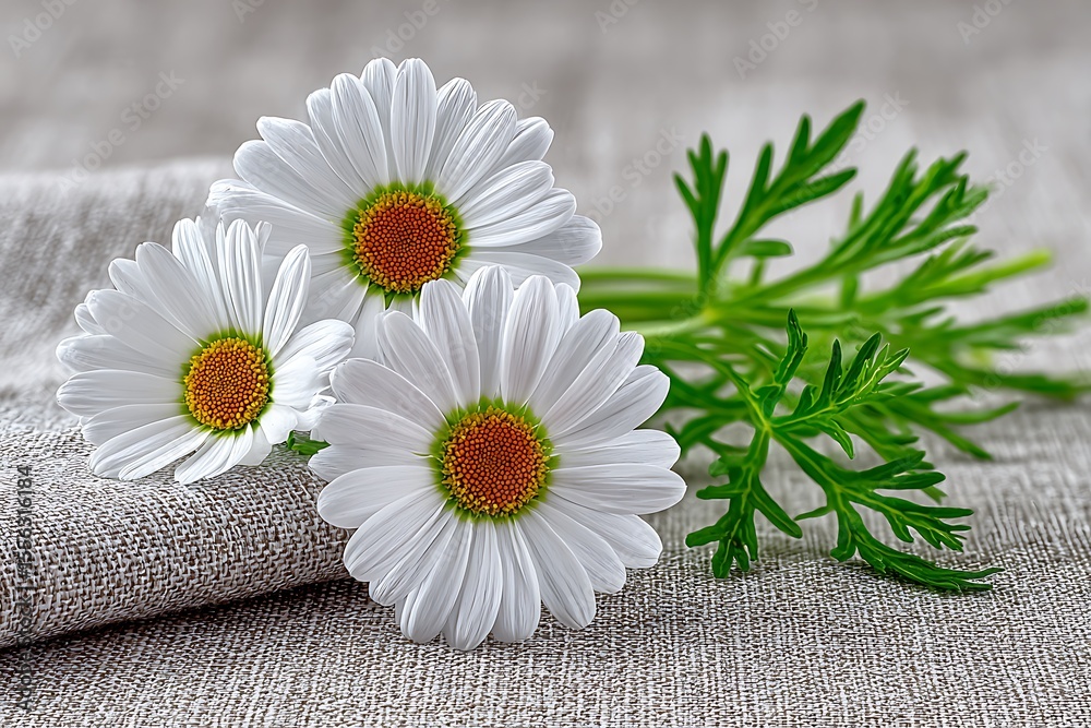 Fototapeta premium Three white daisies on linen