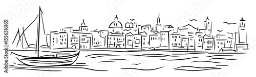 coastal city with sailboat hand drawn vector illustration