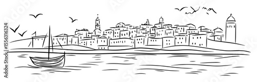 seaside town with sailboat hand drawn vector illustration