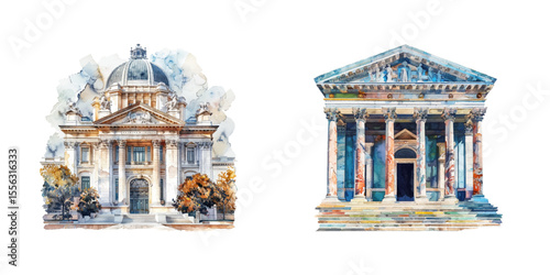 old museum watercolor vector illustration