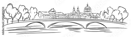 river bridge with european city skyline hand drawn vector