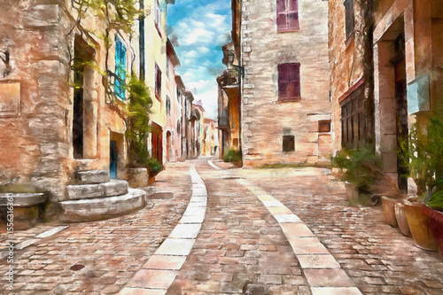  Mons, Var, Provence, France: watercolor painting of an ancient alley in the old town