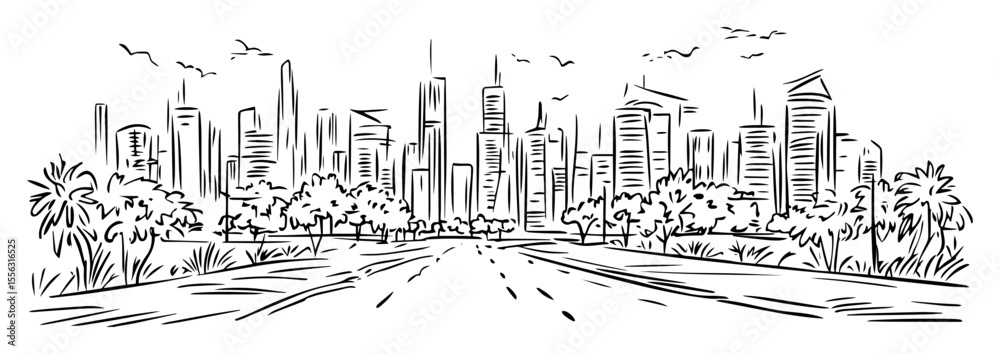 Fototapeta premium modern city skyline with highway hand drawn vector