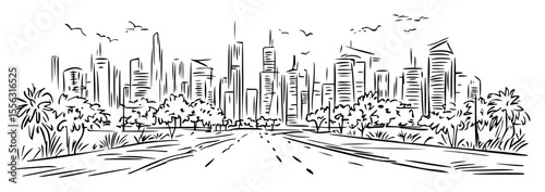 modern city skyline with highway hand drawn vector