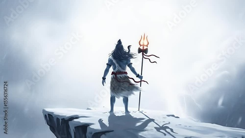 Lord Shiva seen from behind in snowstorm on mountain