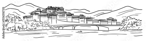 potala palace in lhasa tibet hand drawn linear vector illustration