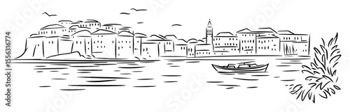 old town of rovinj croatia by the sea hand drawn linear vector illustration