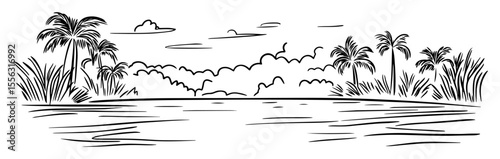 serene tropical lake with palm trees and clouds vector linear sketch illustration
